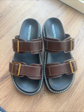 Princess Polly Brown Leather Double-Strap Buckle Platform Sandals